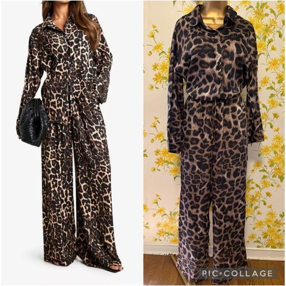 NWOT 2 piece Chic wild pants and shirt matching set Brown and Black size M - Picture 2 of 16